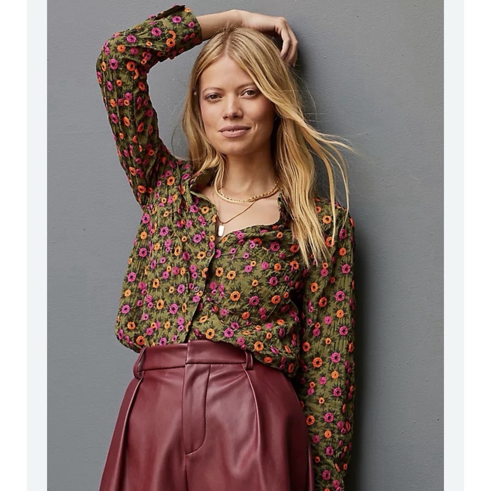 Maeve Green Embroidered Anthropologie Fall Button Down Collared Top Shirt Size 4